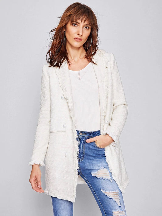 CM-CS828703 Women Elegant European Style Long Sleeve Frayed Trim Longline Tweed Blazer - White