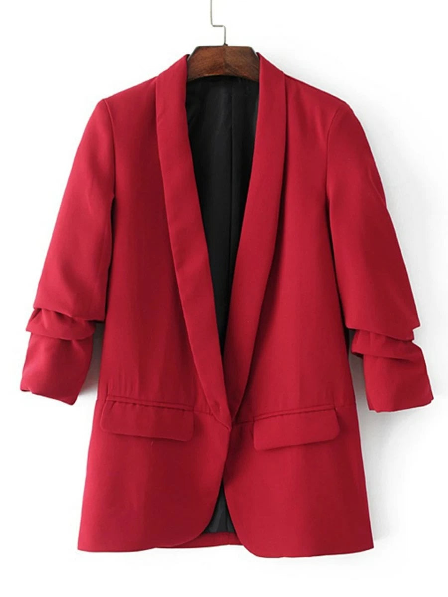 CM-CS907201 Women Elegant Seoul Style Ruched Sleeve Shawl Collar Tailored Blazer - Wine Red