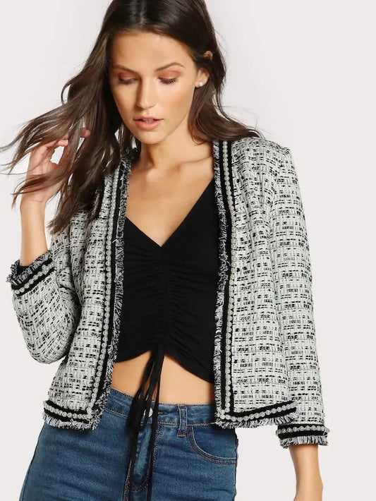 CM-CS801701 Women Elegant Seoul Style Pearl Beaded Frayed Edge Tweed Blazer