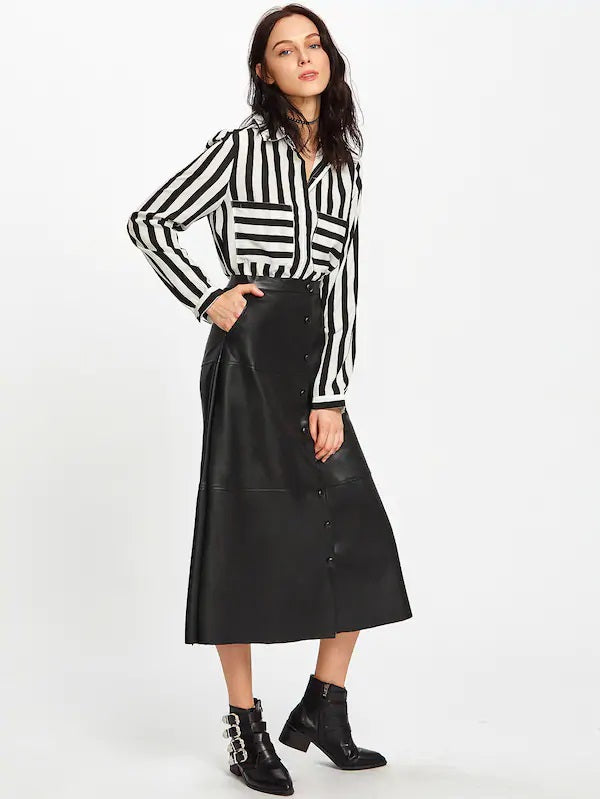 CM-BS914202 Women Elegant European Style Button Up PU Midi Skirt - Black