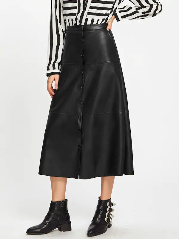 CM-BS914202 Women Elegant European Style Button Up PU Midi Skirt - Black