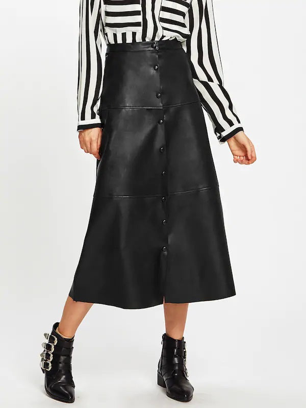 CM-BS914202 Women Elegant European Style Button Up PU Midi Skirt - Black