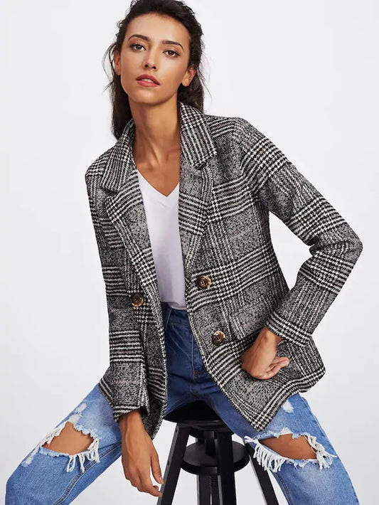 CM-CS922101 Women Elegant Seoul Style Long Sleeve Double Breasted Check Tweed Blazer - Gray