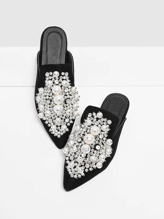 CM-SHS025804 Women Elegant Seoul Style Faux Pearl Decorated Flat Mules - Black