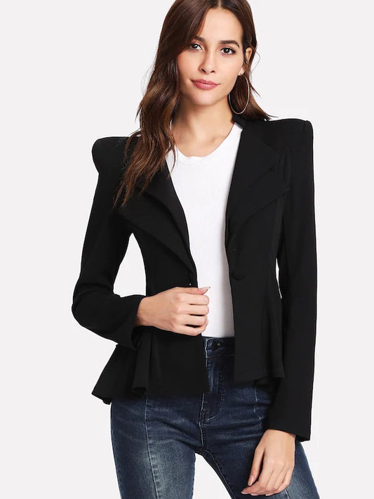 CM-CS127703 Women Elegant Seoul Style Structured Shoulder Layered Collar Peplum Blazer - Black