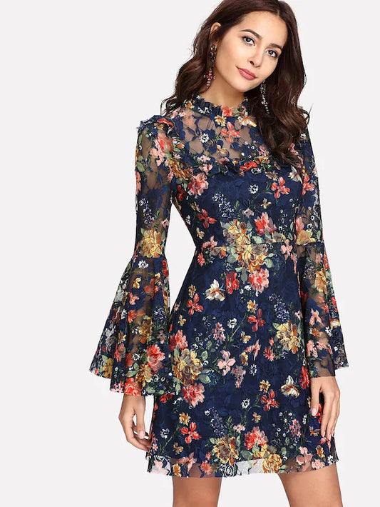 CM-DS226718 Women Casual Seoul Style Frill Neck Flounce Sleeve Floral Lace Mini Dress