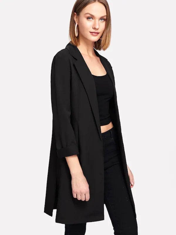 CM-CS227121 Women Elegant Seoul Style Split Long Sleeve Side Longline Blazer - Black