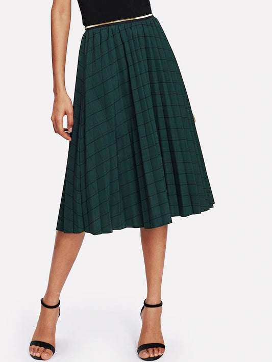 CM-BS109154 Women Casual Seoul Style Mid Waist Checked Pleated Skirt - Green