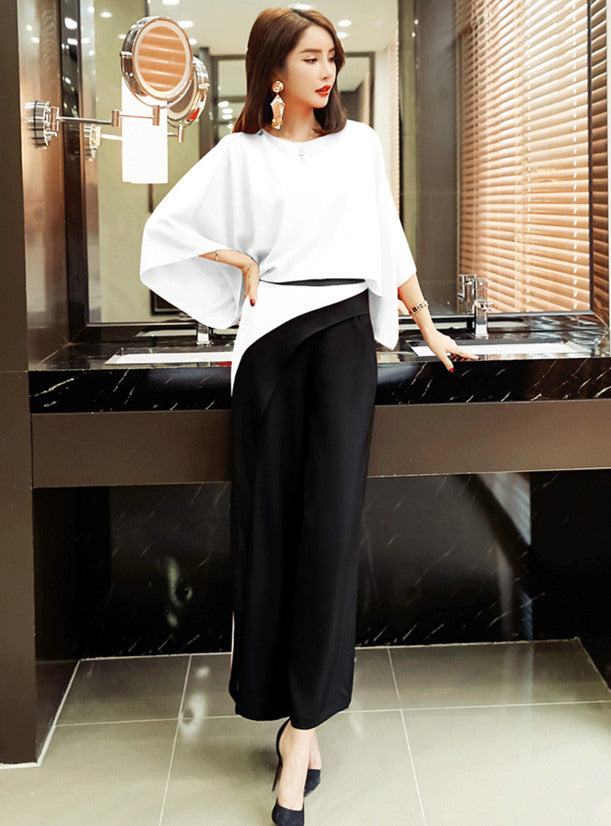 CM-SF060801 Women Seoul Style White Batwing Sleeve Top With Wide-Leg Leisure Pants - Set