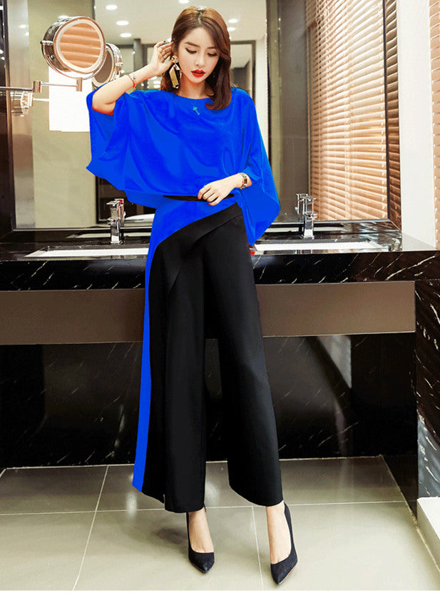 CM-SF060801 Women Seoul Style Blue Batwing Sleeve Top With Wide-Leg Leisure Pants - Set