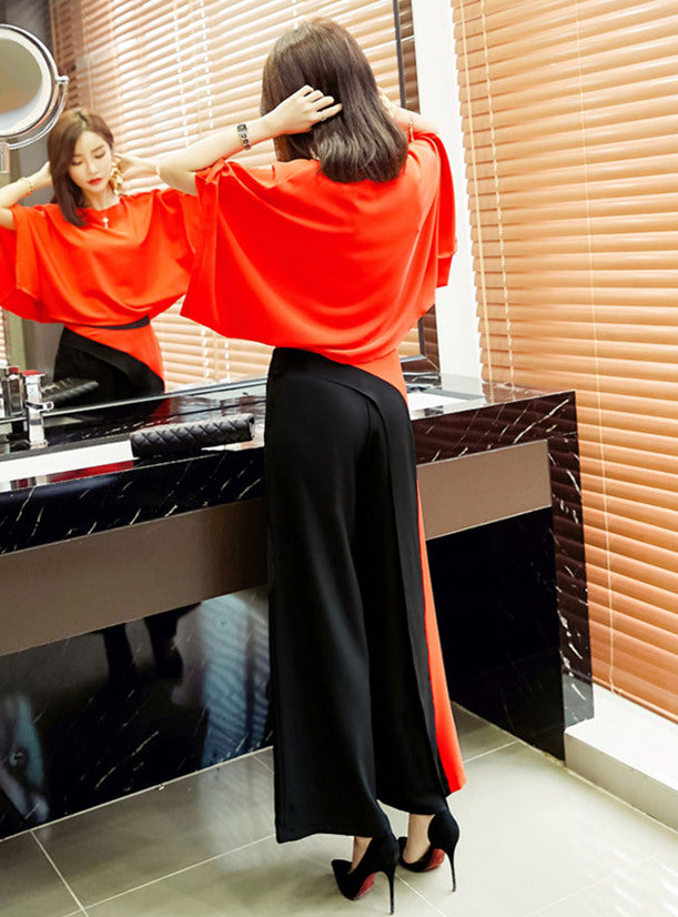 CM-SF060801 Women Seoul Style Red Batwing Sleeve Top With Wide-Leg Leisure Pants - Set
