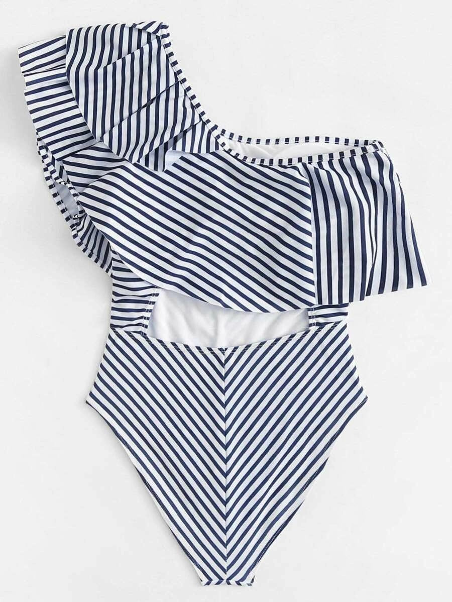 CM-SWS417358 Women Trendy Seoul Style Striped Layered Flounce One Piece Swimsuit