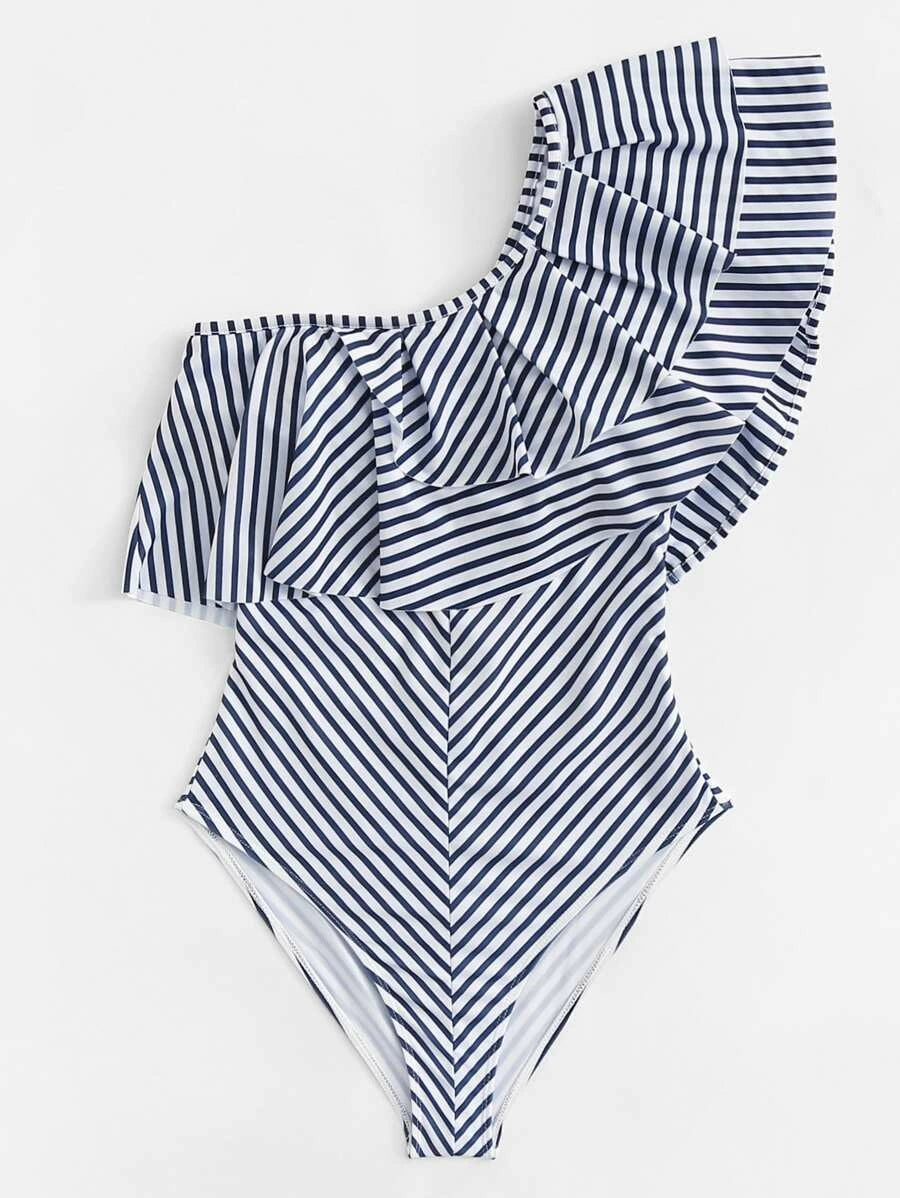 CM-SWS417358 Women Trendy Seoul Style Striped Layered Flounce One Piece Swimsuit