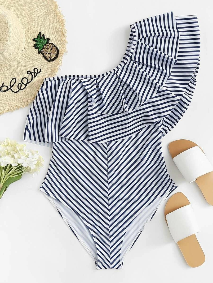 CM-SWS417358 Women Trendy Seoul Style Striped Layered Flounce One Piece Swimsuit