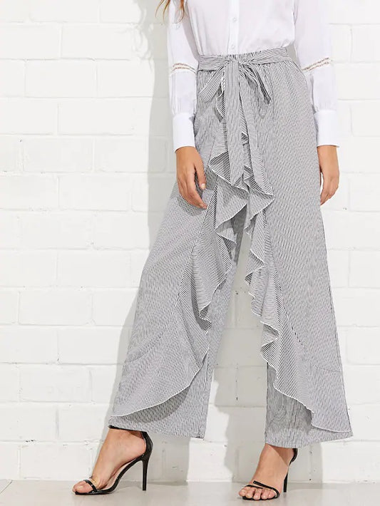 CM-BS514003 Women Casual Seoul Style Tie Waist Striped Ruffle Wide Leg Pants - Gray