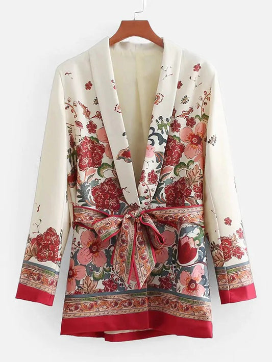 CM-CS517241 Women Elegant European Style Long Sleeve Self Tie Floral Coat
