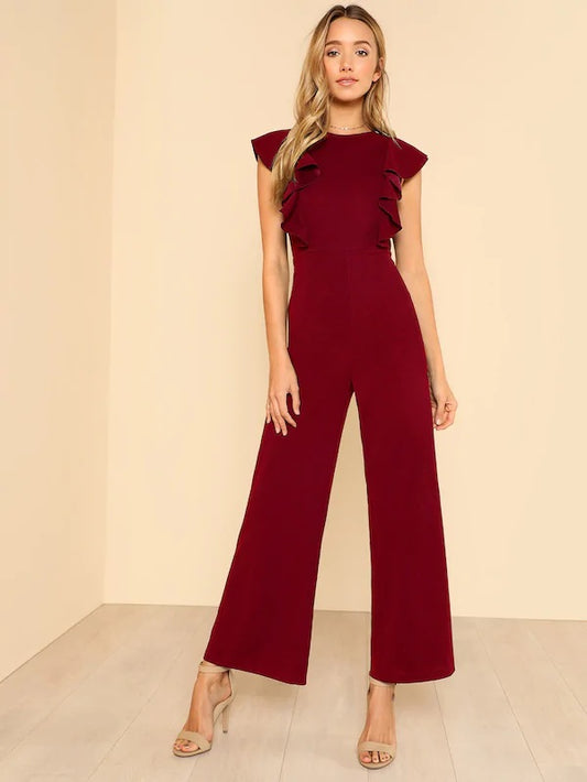 CM-JS522703 Women Casual Seoul Style Sleeveless Ruffle Trim Wide Leg Jumpsuit - Wine Red