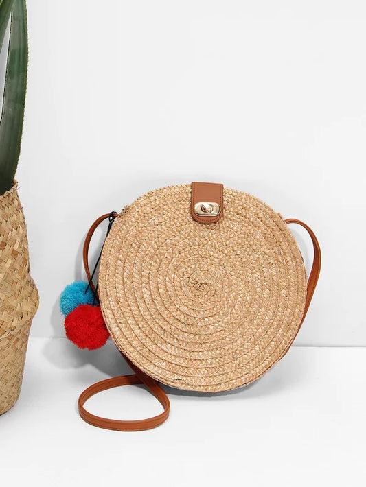 CM-BGS330351 Women Casual Seoul Style Pom Pom Straw Shoulder Bag - Apricot