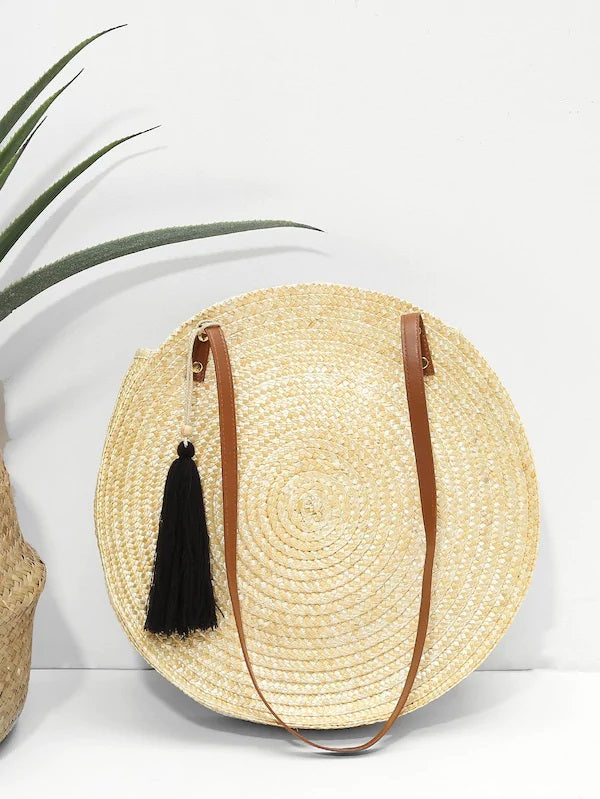 CM-BGS420359 Women Casual Seoul Style Round Shaped Straw Bag With Tassel - Beige