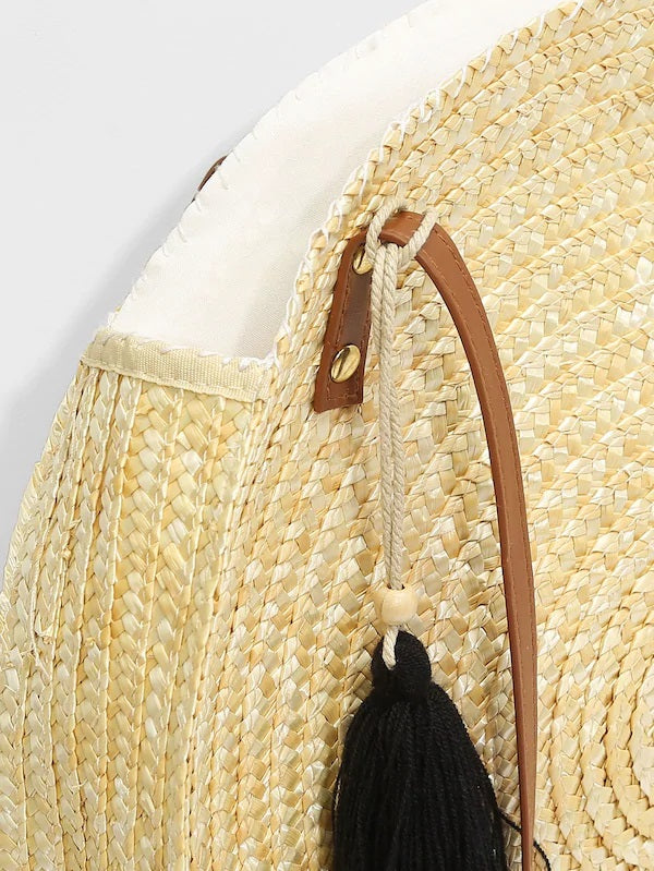 CM-BGS420359 Women Casual Seoul Style Round Shaped Straw Bag With Tassel - Beige