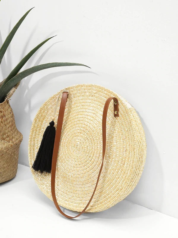 CM-BGS420359 Women Casual Seoul Style Round Shaped Straw Bag With Tassel - Beige