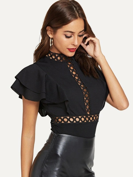 CM-TS718702 Women Elegant Seoul Style Lace Insert Layered Ruffle Bodysuit - Black