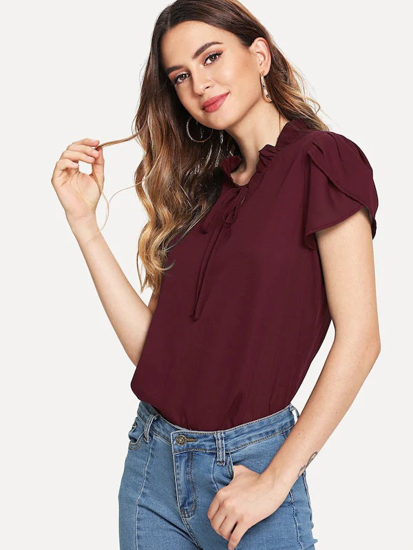 CM-TS703713 Women Casual Seoul Style Frill Trim Tie Neck Petal Sleeve Top - Wine Red