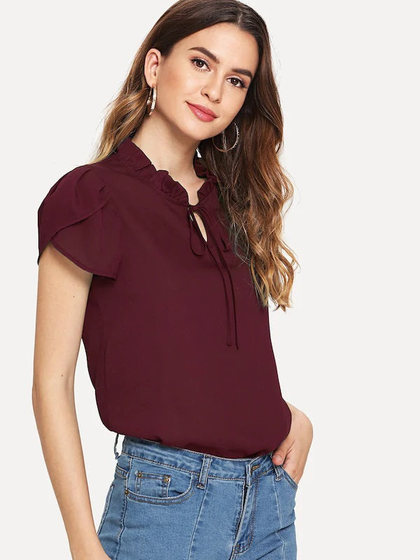 CM-TS703713 Women Casual Seoul Style Frill Trim Tie Neck Petal Sleeve Top - Wine Red