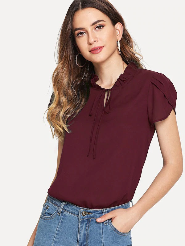 CM-TS703713 Women Casual Seoul Style Frill Trim Tie Neck Petal Sleeve Top - Wine Red