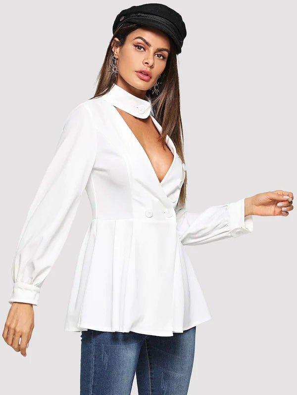 CM-CS719706 Women European Style Choker Neck Ruffle Hem Surplice Wrap Blazer - White