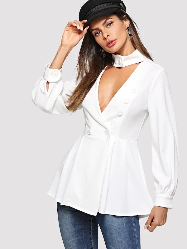 CM-CS719706 Women European Style Choker Neck Ruffle Hem Surplice Wrap Blazer - White