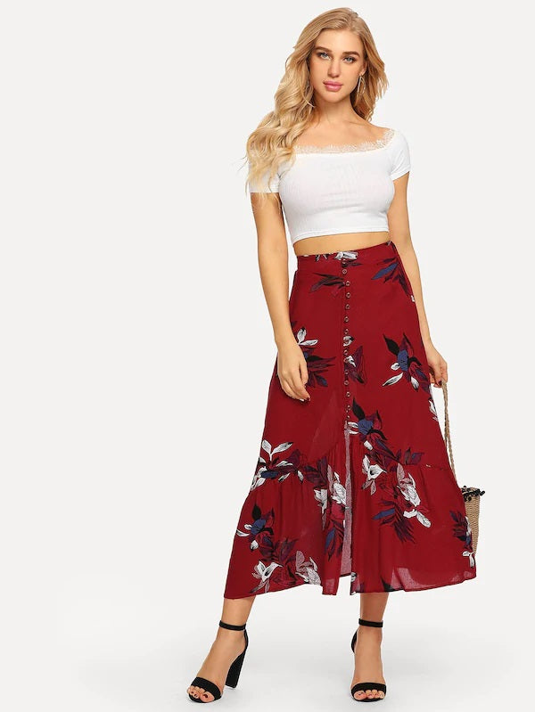 CM-BS723951 Women Casual Seoul Style Mid Waist Floral Print Button Front Skirt - Red