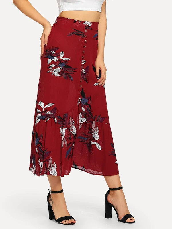 CM-BS723951 Women Casual Seoul Style Mid Waist Floral Print Button Front Skirt - Red