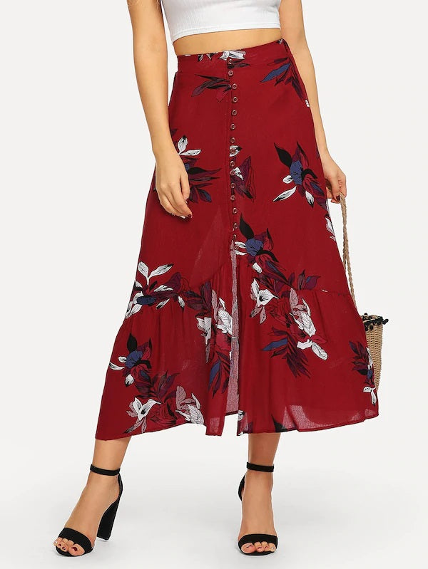 CM-BS723951 Women Casual Seoul Style Mid Waist Floral Print Button Front Skirt - Red