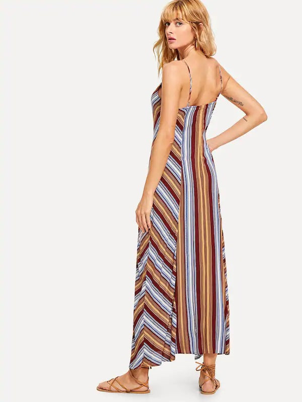 CM-DS510423 Women Trendy Bohemian Style Drawstring Front Striped Cami Dress