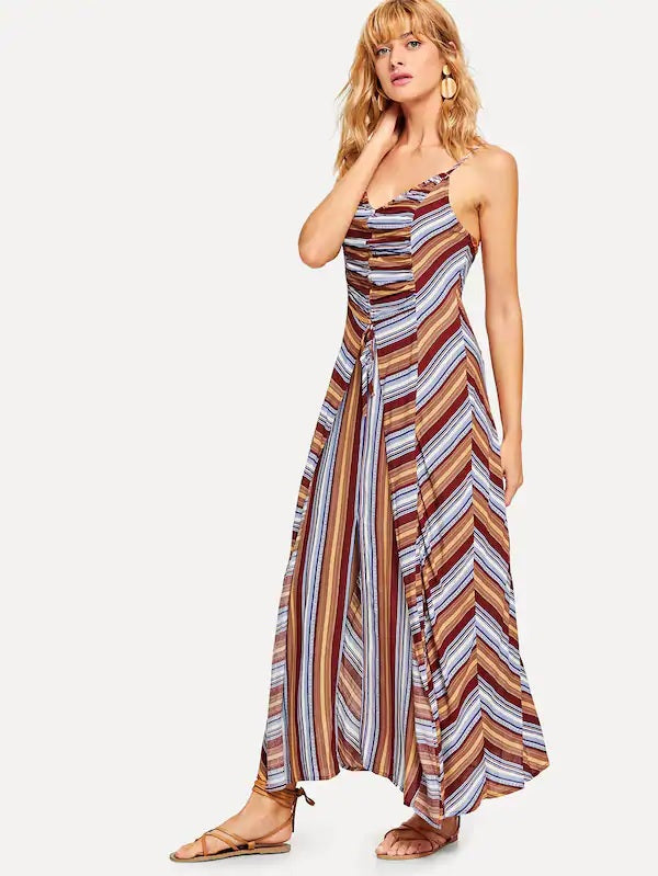 CM-DS510423 Women Trendy Bohemian Style Drawstring Front Striped Cami Dress