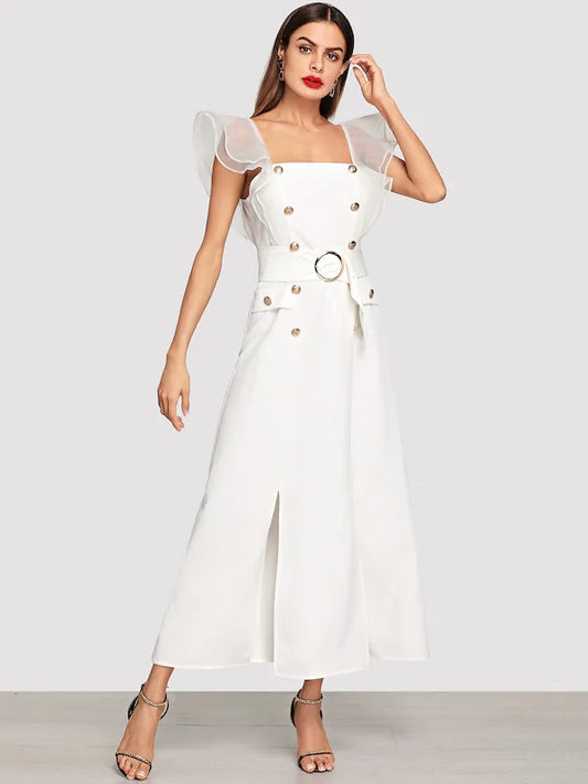 CM-DS810734 Women Elegant European Style Layered Mesh Strap Double Breasted Slit Dress - White