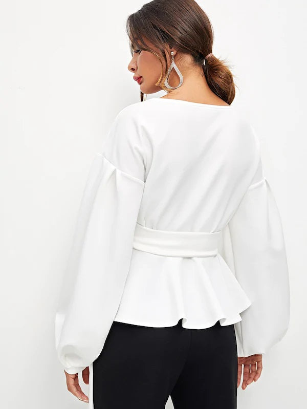 CM-TS816723 Women Elegant Seoul Style Lantern Sleeve Surplice Belted Peplum Blouse - White