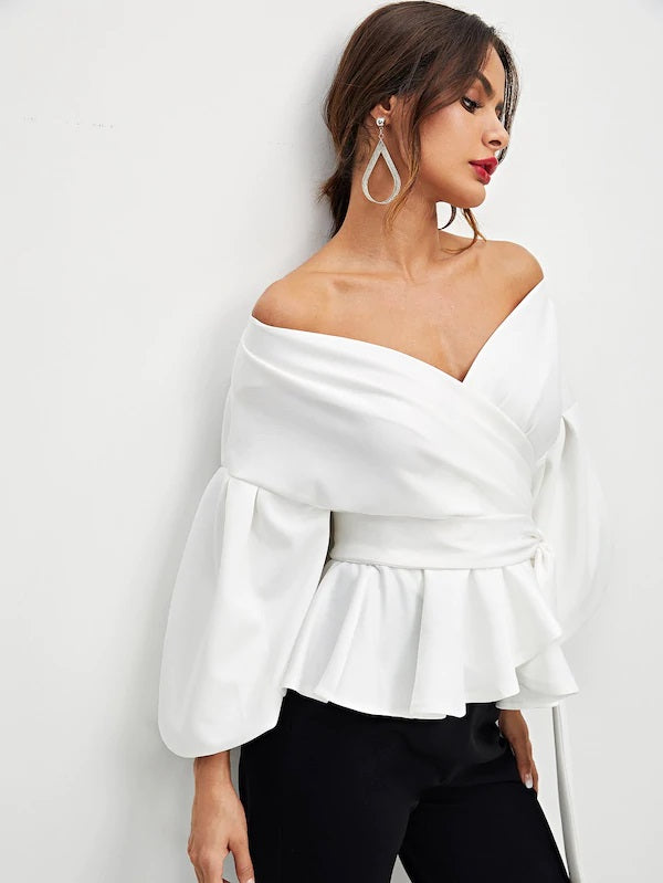 CM-TS816723 Women Elegant Seoul Style Lantern Sleeve Surplice Belted Peplum Blouse - White