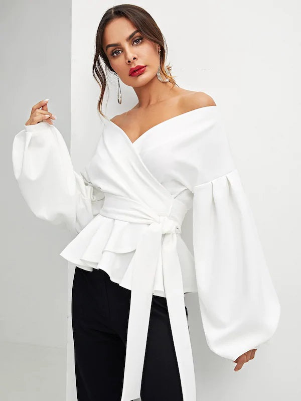 CM-TS816723 Women Elegant Seoul Style Lantern Sleeve Surplice Belted Peplum Blouse - White