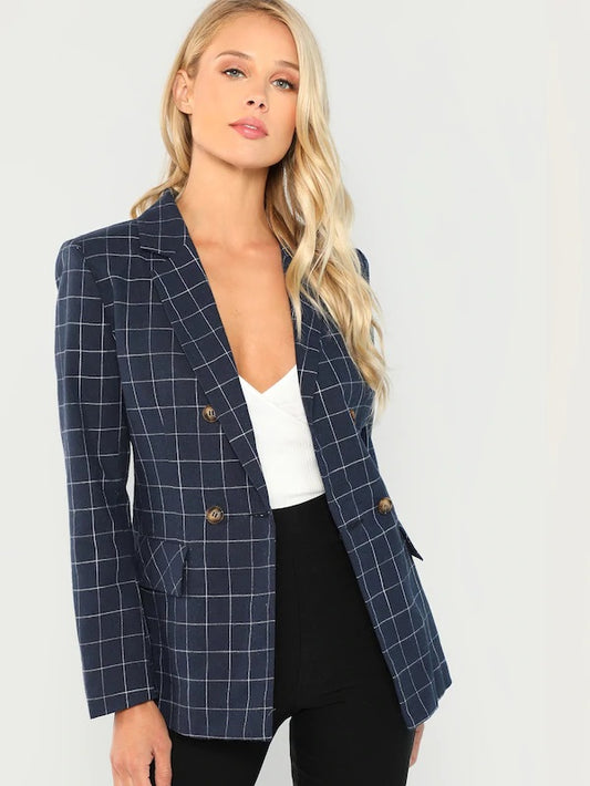 CM-CS813702 Women Elegant Seoul Style Double Breasted Notched Neck Plaid Blazer - Navy Blue