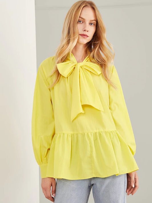 CM-TS808707 Women Elegant Seoul Style Long Sleeve Tie Neck Ruffle Hem Solid Top - Yellow