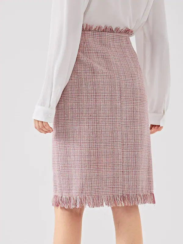 CM-BS816708 Women Elegant European Style Mid Waist Frayed Edge Tweed Skirt - Pink