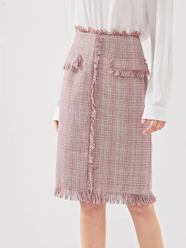 CM-BS816708 Women Elegant European Style Mid Waist Frayed Edge Tweed Skirt - Pink