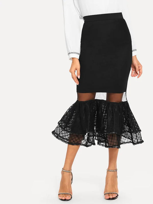 CM-BS823703 Women Casual Seoul Style Mesh Contrast Layered Ruffle Bodycon Skirt - Black