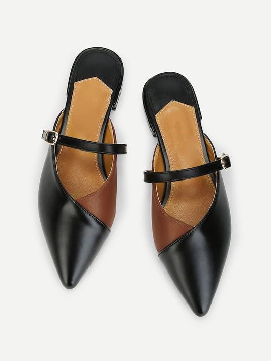 CM-SHS711612 Women Elegant Seoul Style Two Tone Point Toe Flat Mules - Black