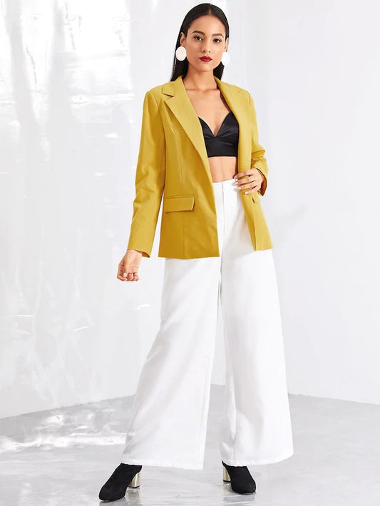 CM-CS802704 Women Elegant European Style Notched Collar Belted Solid Blazer - Yellow