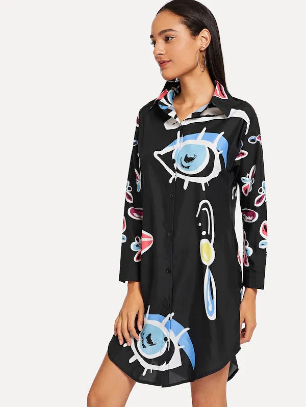 CM-DS829408 Women Casual Seoul Style Long Sleeve Abstract Pattern Curved Hem Shirt Dress - Black