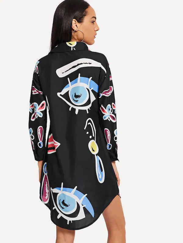CM-DS829408 Women Casual Seoul Style Long Sleeve Abstract Pattern Curved Hem Shirt Dress - Black