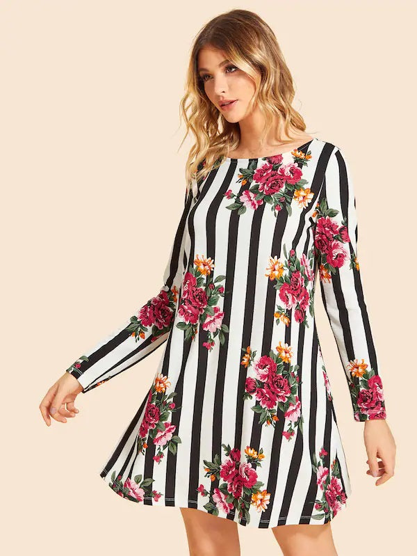 CM-DS801401 Women Casual Seoul Style Long Sleeve Floral Print Striped Tunic Dress - White